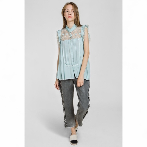 POL Mint Green Pleated Floral Lace Button Down Sleeveless Rayon Top - Picture 5 of 6